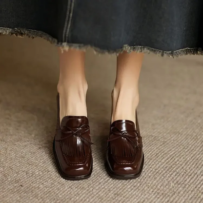 Elegant Patent Leather Tassel Loafer for Women with Block Heel Bow Fringe Detail Classic Style