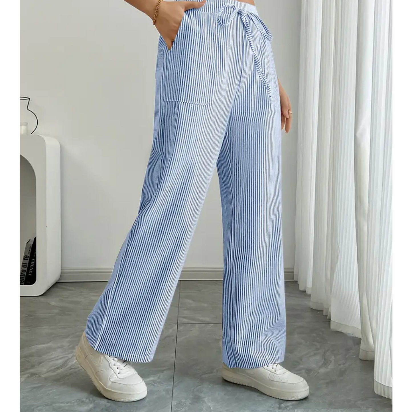 Effortless Striped Wide Leg Pants for Women with High Waist Drawstring Relaxed Casual Style