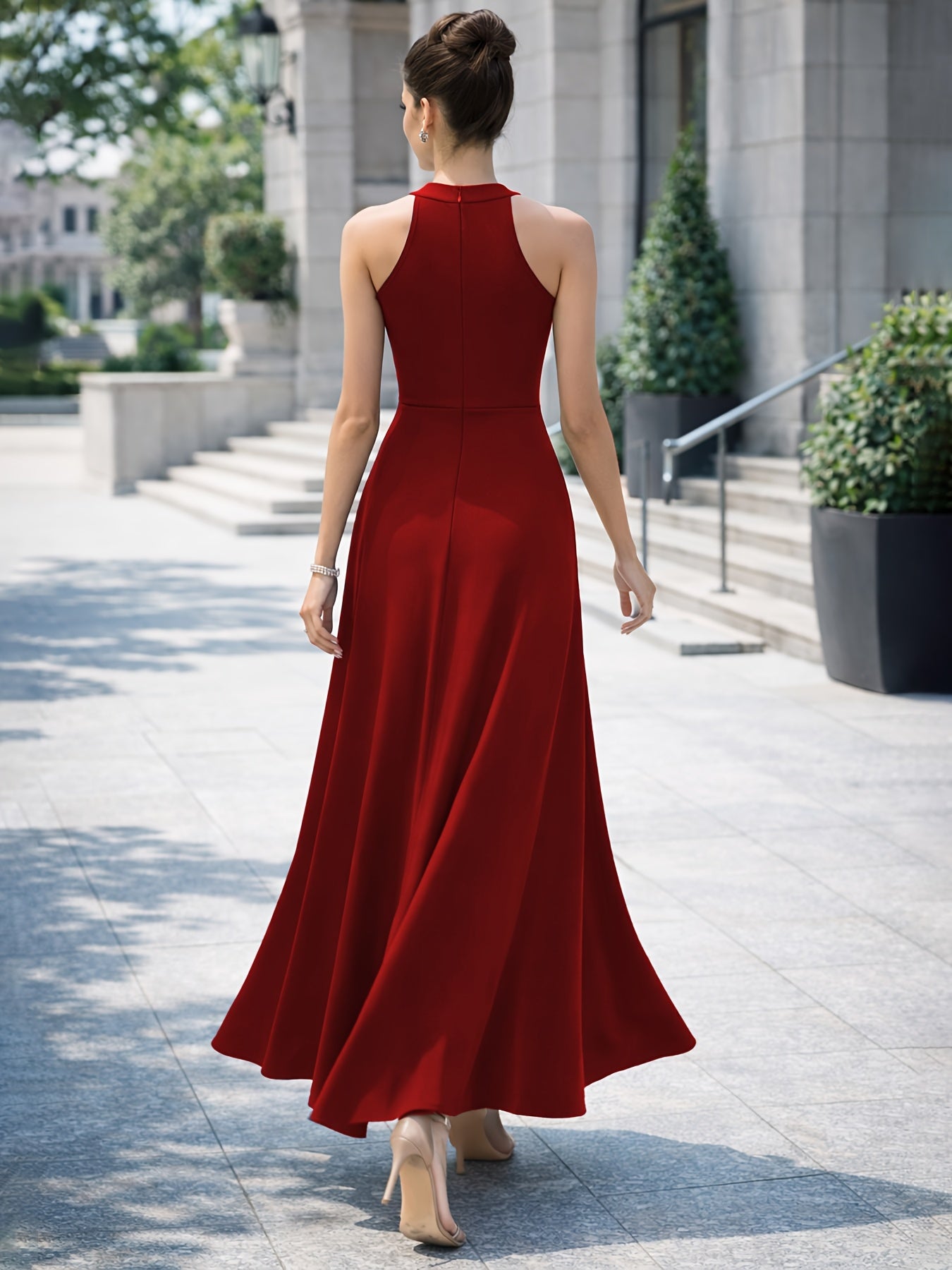 Elegant Maxi Dress for Women with High Neck Sleeveless High Slit A Line Flowing Formal Wedding Guest Style