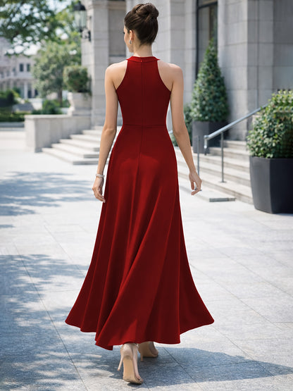 Elegant Maxi Dress for Women with High Neck Sleeveless High Slit A Line Flowing Formal Wedding Guest Style