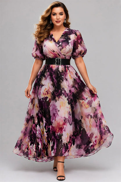 Elegant Purple Floral Maxi Dress for Women with V Neck Puff Sleeve Belted Wrap Flowing Wedding Guest Style