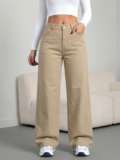 Effortless Khaki Wide Leg Jeans for Women with High Waist Button Front Relaxed Casual Style