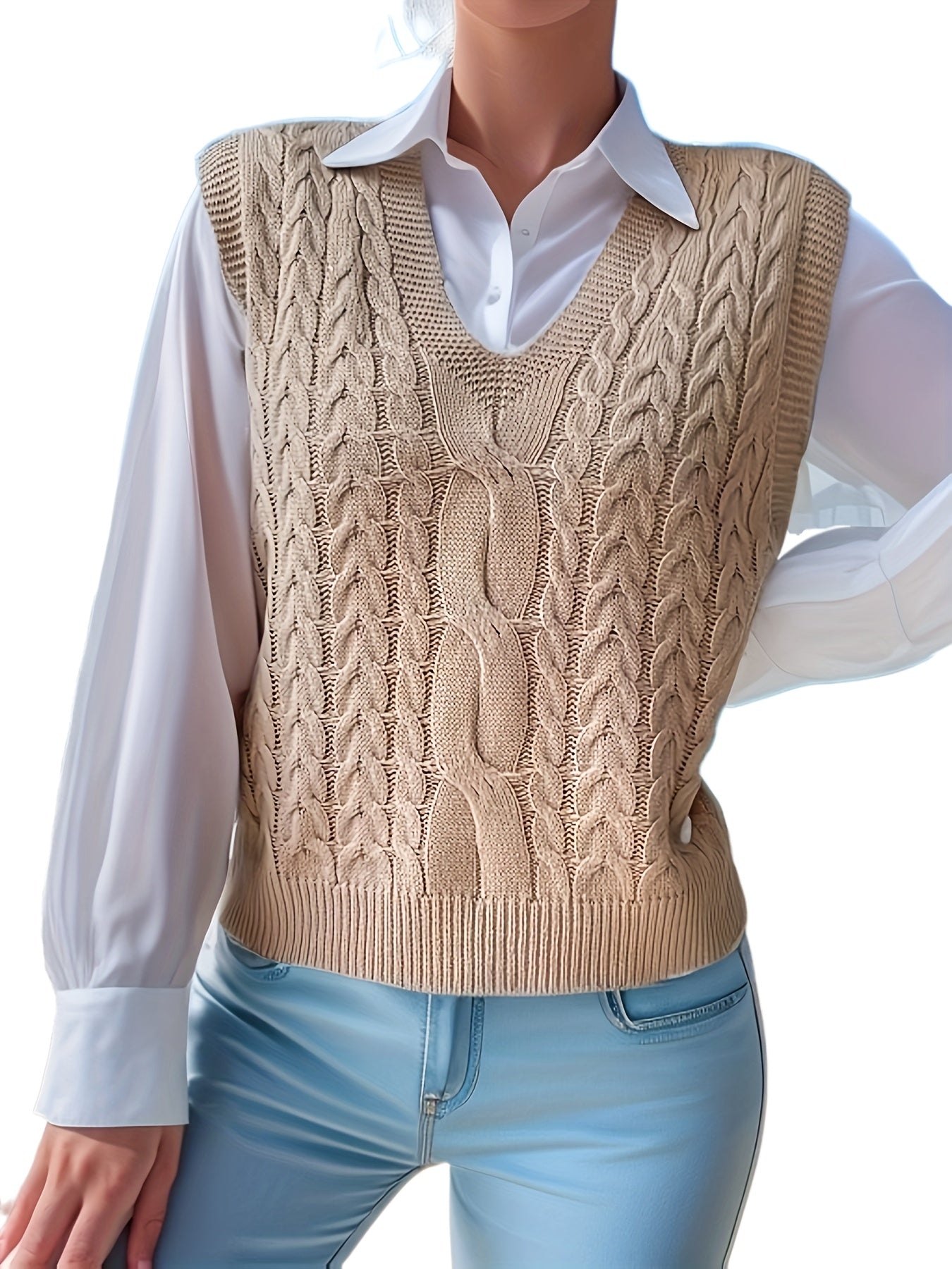 Comfortable Cable Knit Sweater Vest for Women with V Neck Sleeveless Relaxed Oversized Knit Style