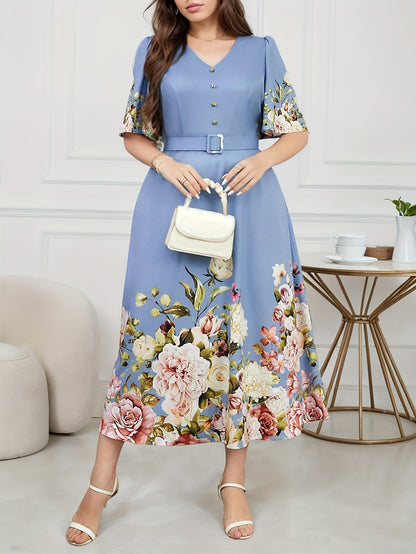 Plus Size, Plus Size Women's Spring/Summer Floral Print Elegant High-Waisted V-Neck Short Sleeve Dress