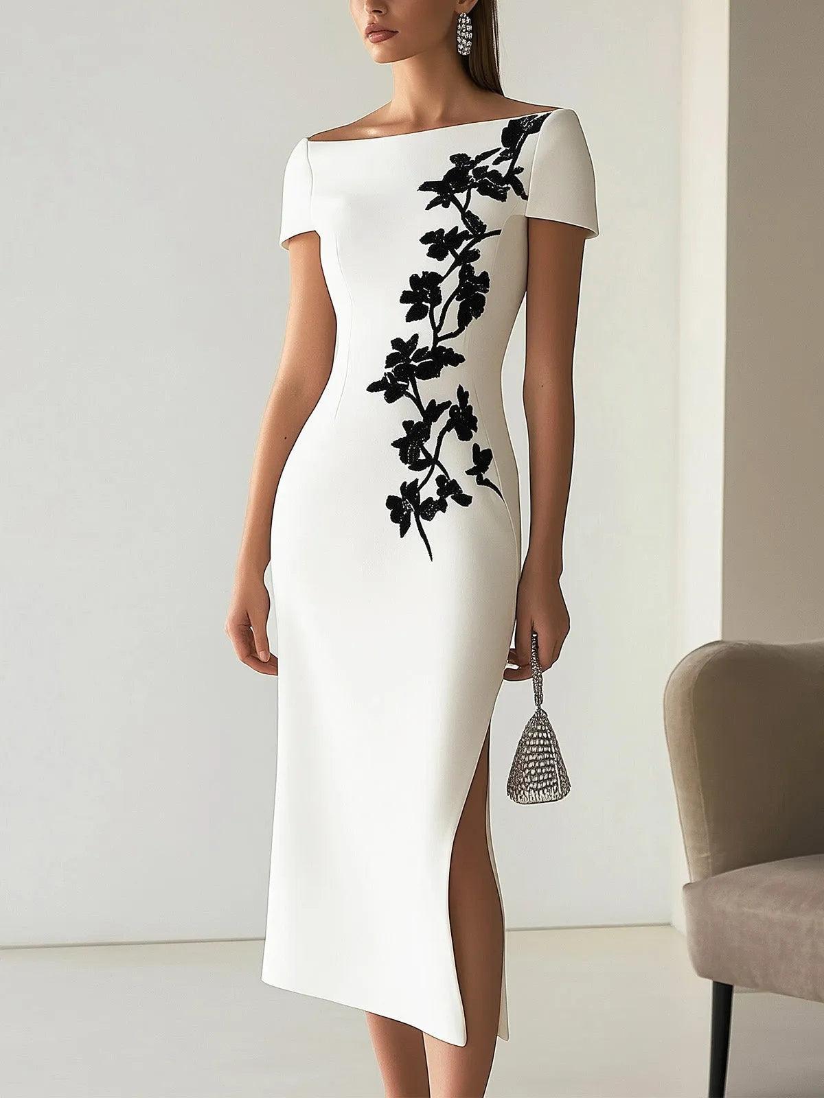 Elegant White Floral Midi Dress for Women with Boat Neck Short Sleeve Bodycon Slit Formal Style