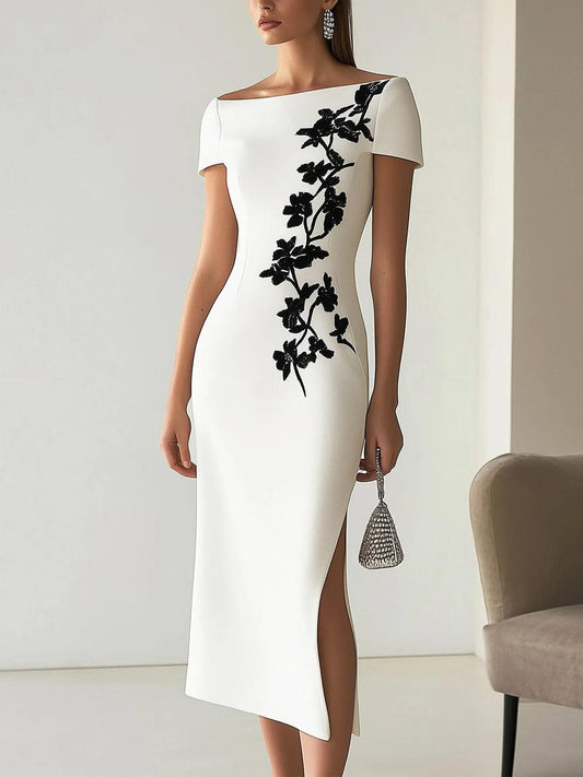 Elegant White Floral Midi Dress for Women with Boat Neck Short Sleeve Bodycon Slit Formal Style