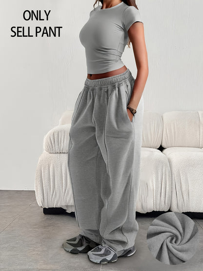 Effortless Fleece Wide Leg Sweatpants for Women with High Waist Elastic Side Pocket Relaxed Casual Style
