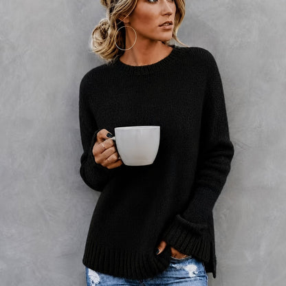Comfortable Heathered Knit Sweater for Women with Crew Neck Long Sleeve Bell Cuff Oversized Relaxed Style