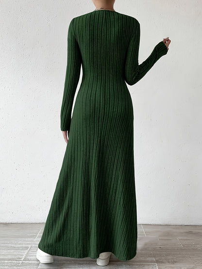 Elegant Ribbed Knit Maxi Dress for Women with V Neck Long Sleeve Fitted Flowing Style