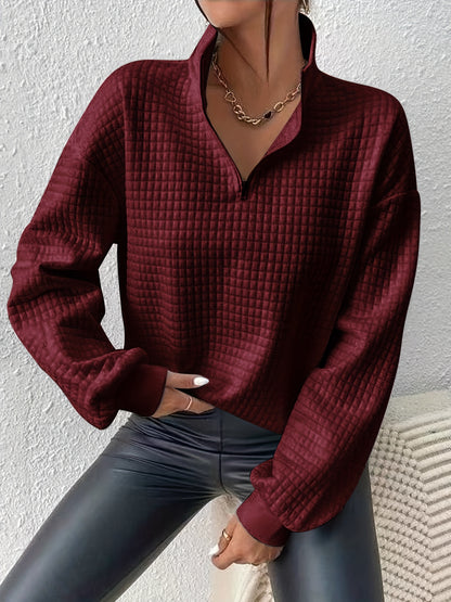 Comfortable and Loose Waffle Solid Standing Neck Zipper Long Sleeve Panel Women's Sweater