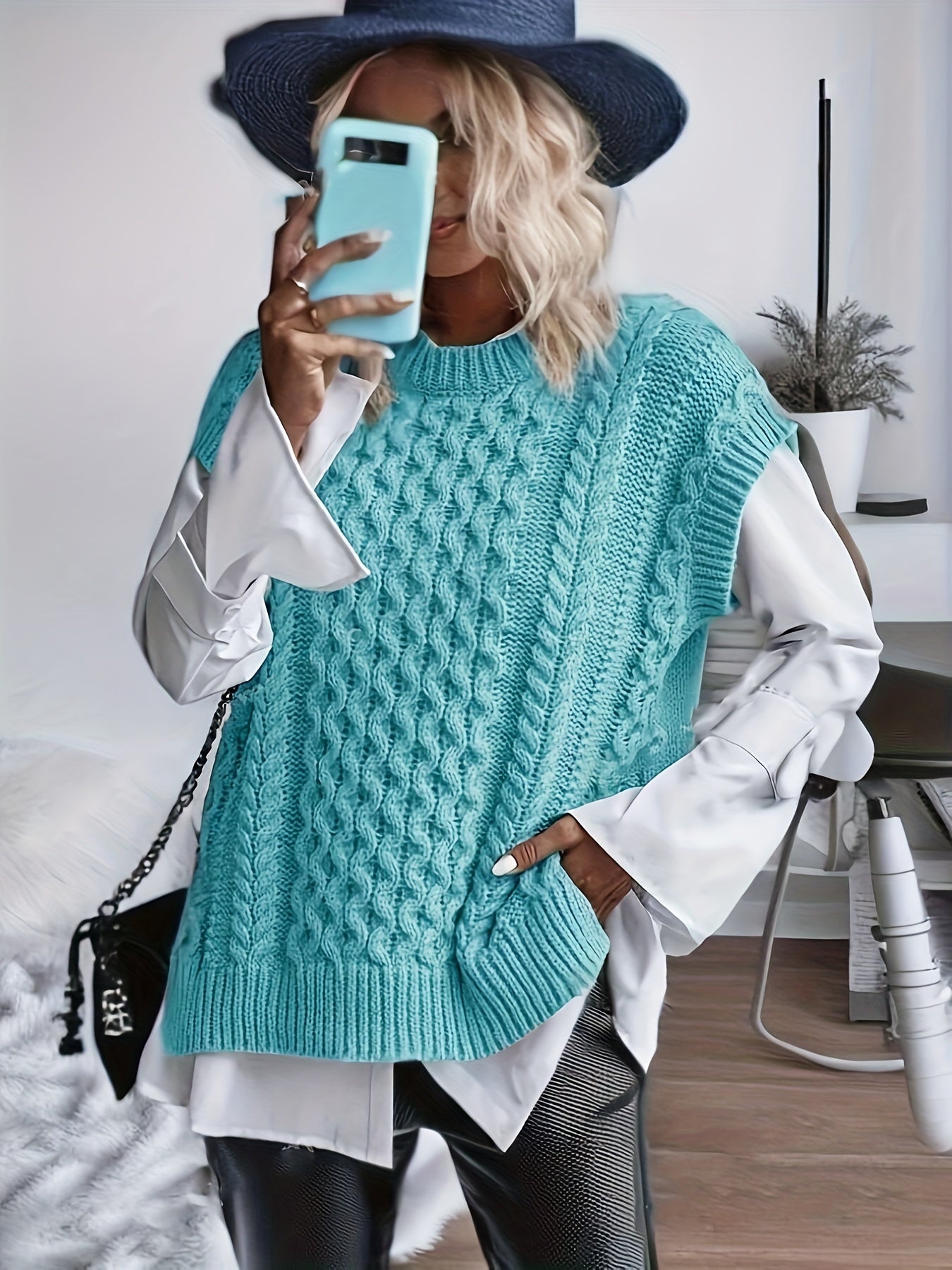 Comfortable Cable Knit Sweater Vest for Women with Crew Neck Sleeveless Chunky Oversized Style