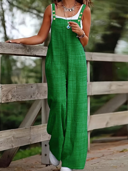 Women's Vacation Wide-Leg Jumpsuit - Sleeveless with Adjustable Buckle Straps, Pockets Included, Machine Washable, Solid Color
