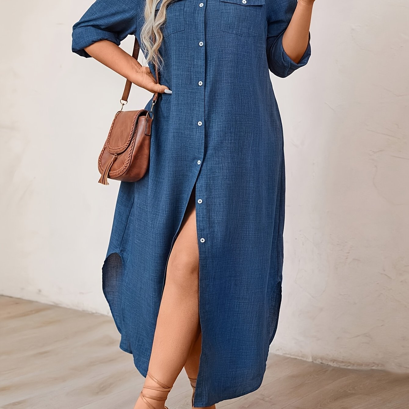 Women'S Plus Size Casual Faux Denim-Style Long Shirt Dress - Button-Up, Loose Fit, Non-Stretch Fabric, Straight Hem, Perfect for Weekend Wear, Casual Summer Dress | Buttonup Dress | Fabric Dress