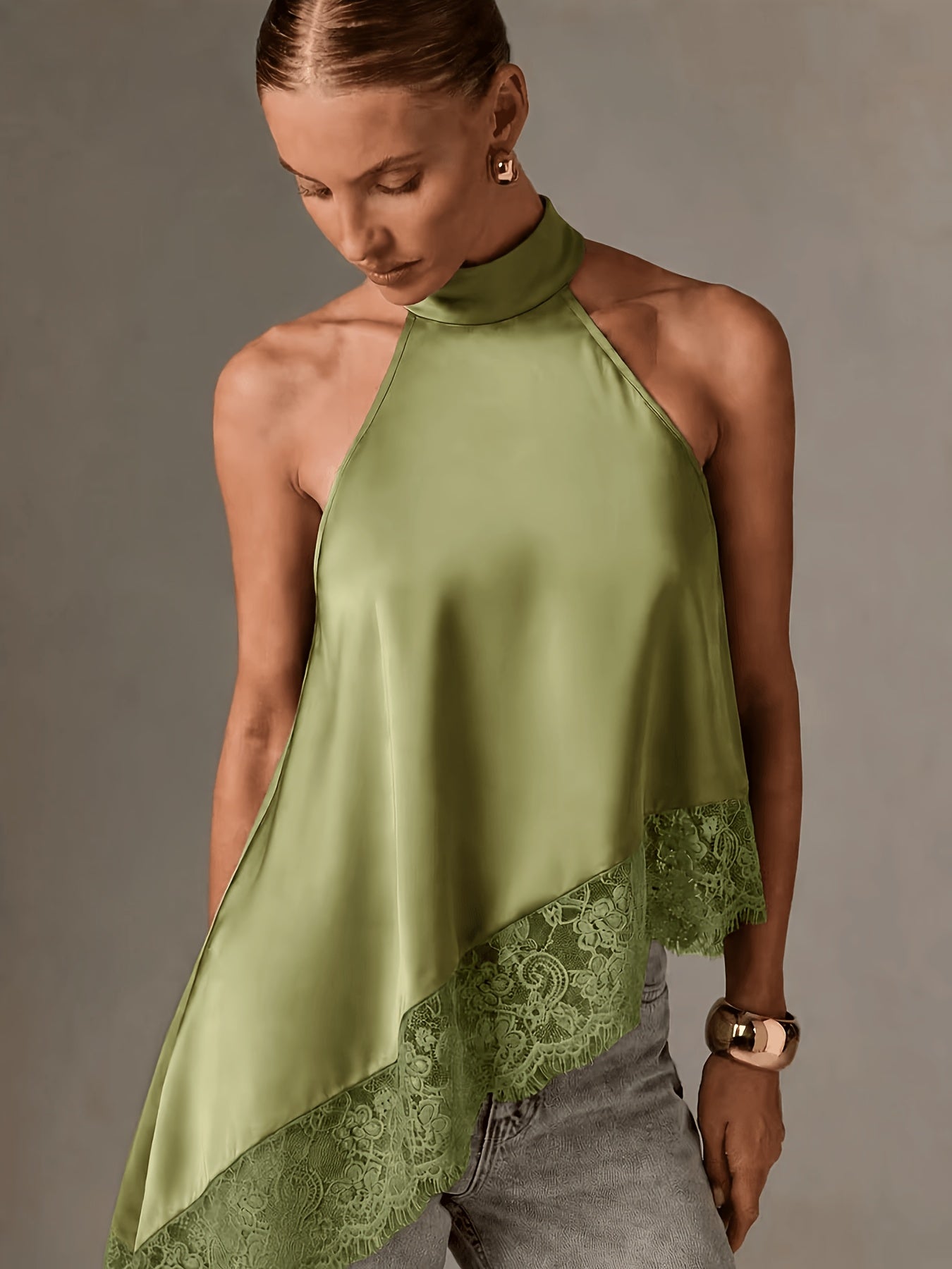 Elegant Satin Halter Top for Women with High Neck Sleeveless Lace Trim Asymmetric Flowing Style