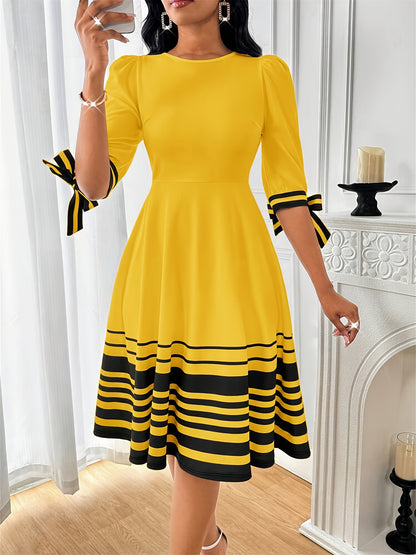 Summer Elegant Orienteering Style Floral Print Round Neck Bubble Short Sleeve Bow Women'S A-Line Dress