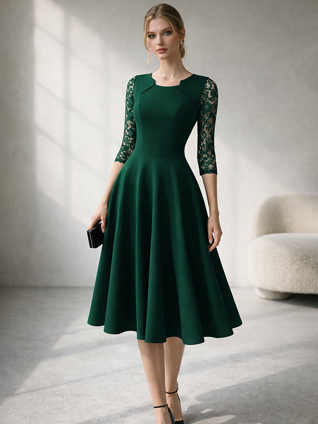Vintage Floral Lace Party Swing Dress with a Square Neckline for Women