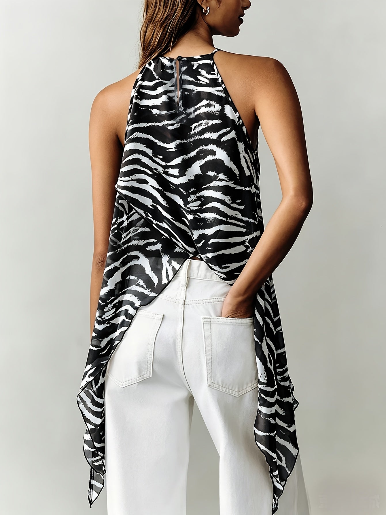 Women'S Summer Elegant Off-Shoulder Brown Zebra Print Chiffon Halter Top