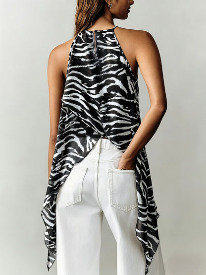 Women'S Summer Elegant Off-Shoulder Brown Zebra Print Chiffon Halter Top