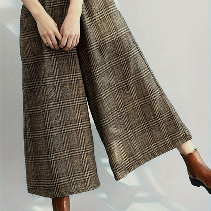 Effortless Plaid Wide Leg Culotte for Women with High Waist Elastic Cropped Relaxed Casual Style