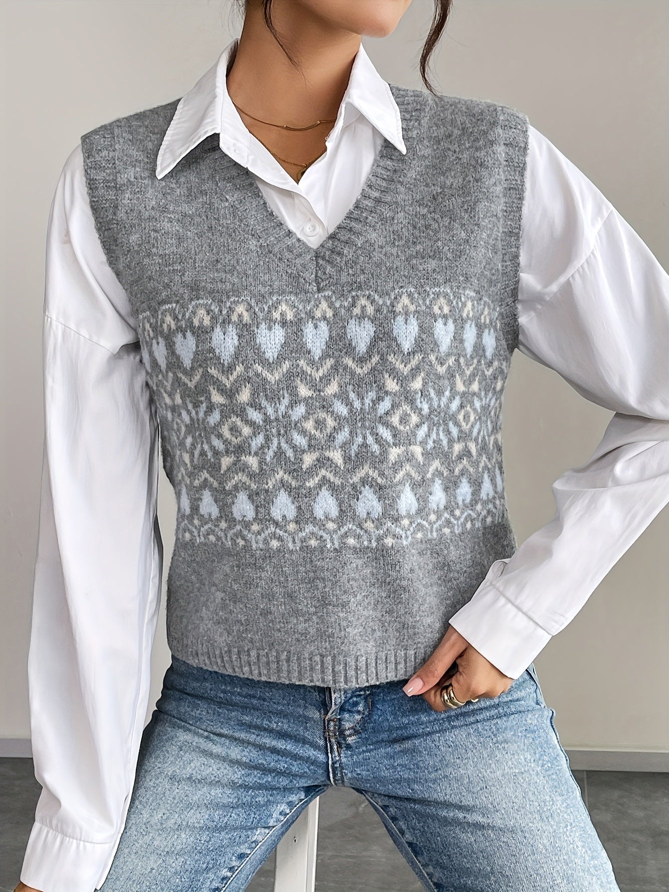 Elegant Grey Fair Isle Sweater Vest for Women with V Neck Sleeveless Cropped Oversized Knit Style