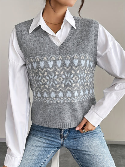 Elegant Grey Fair Isle Sweater Vest for Women with V Neck Sleeveless Cropped Oversized Knit Style