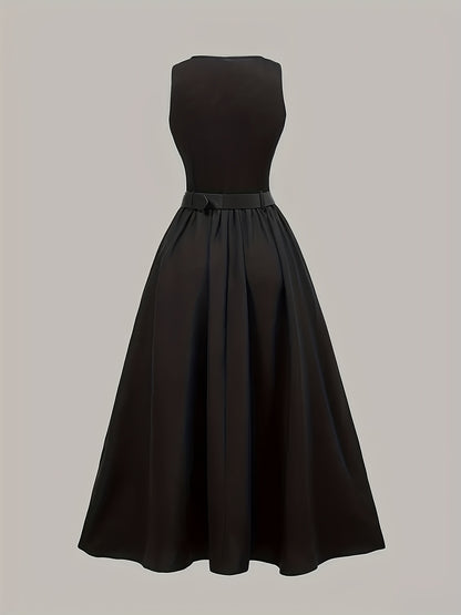 Elegant Black Sleeveless A-Line Midi Dress with Adjustable Waist Belt - Cinched Waist, Flowing Skirt, Round Neck, Perfect for Spring/Summer, Adult Women'S Fashion, Formal Event Attire|Sleek Fitted Top|Adjustable Waist Belt