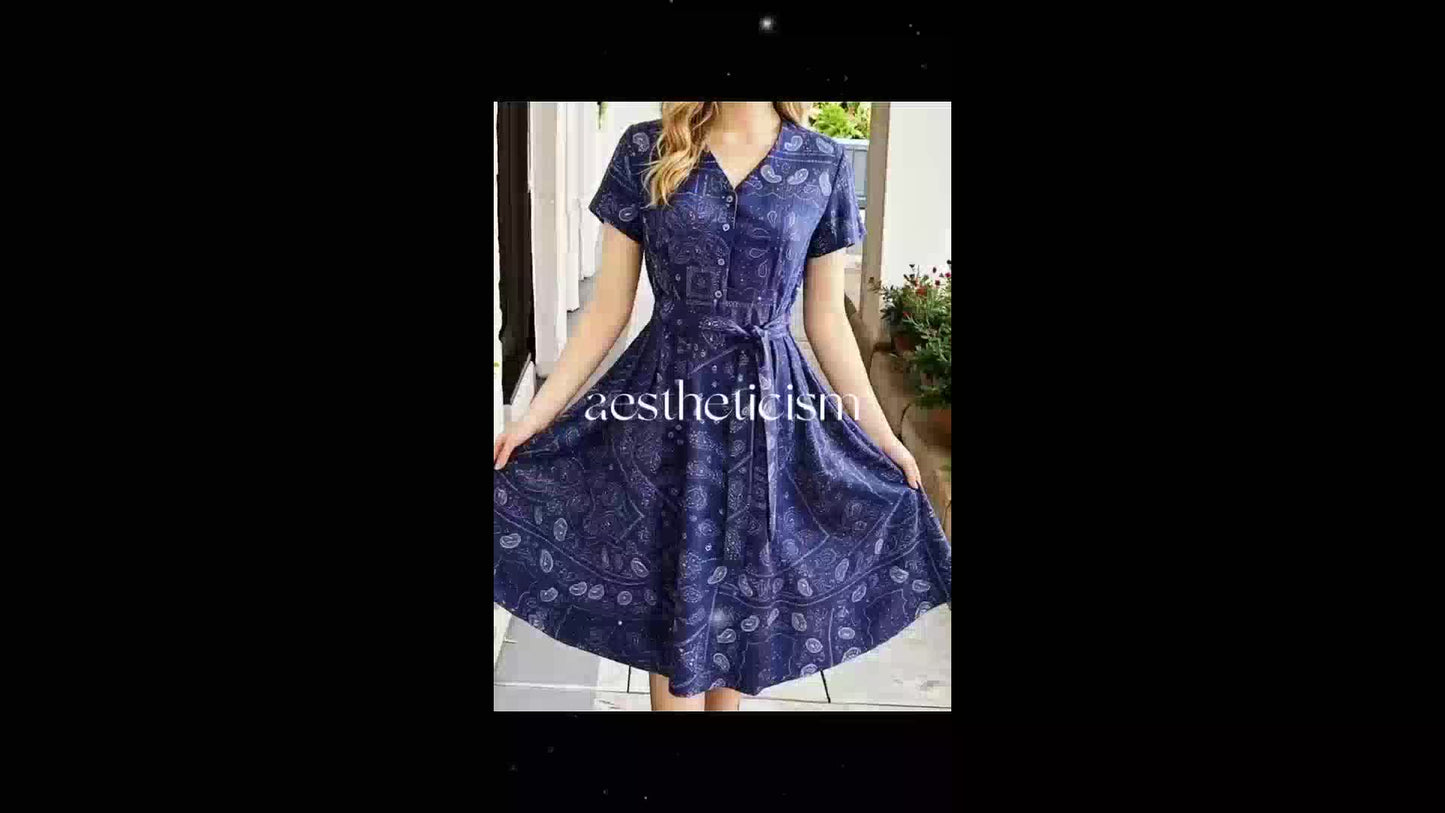 Women's Vintage Blue Print Midi Dress, V-Neck Button Shirt Dress with Pockets & Belt, Casual Commute Vacation Wear for Ladies