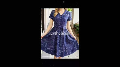 Women's Vintage Blue Print Midi Dress, V-Neck Button Shirt Dress with Pockets & Belt, Casual Commute Vacation Wear for Ladies