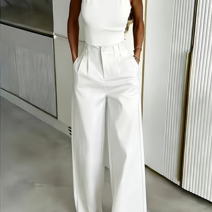 Elegant Wide Leg Trousers for Women with High Waist Button Front Pleated Tailored Style