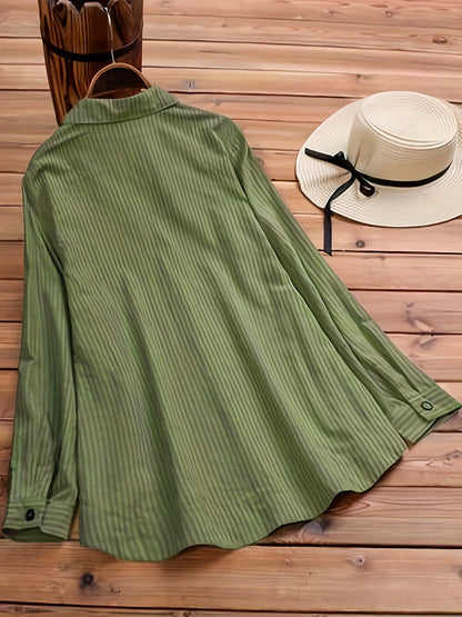 Effortless Striped Blouse for Women with Collar Long Sleeve Side Button Relaxed Style