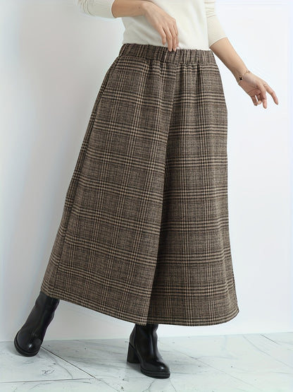 Effortless Plaid Wide Leg Culotte for Women with High Waist Elastic Cropped Relaxed Casual Style
