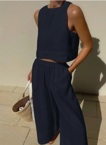 Effortless Linen Wide Leg Set for Women with Square Neck Sleeveless Cropped Two Piece Style