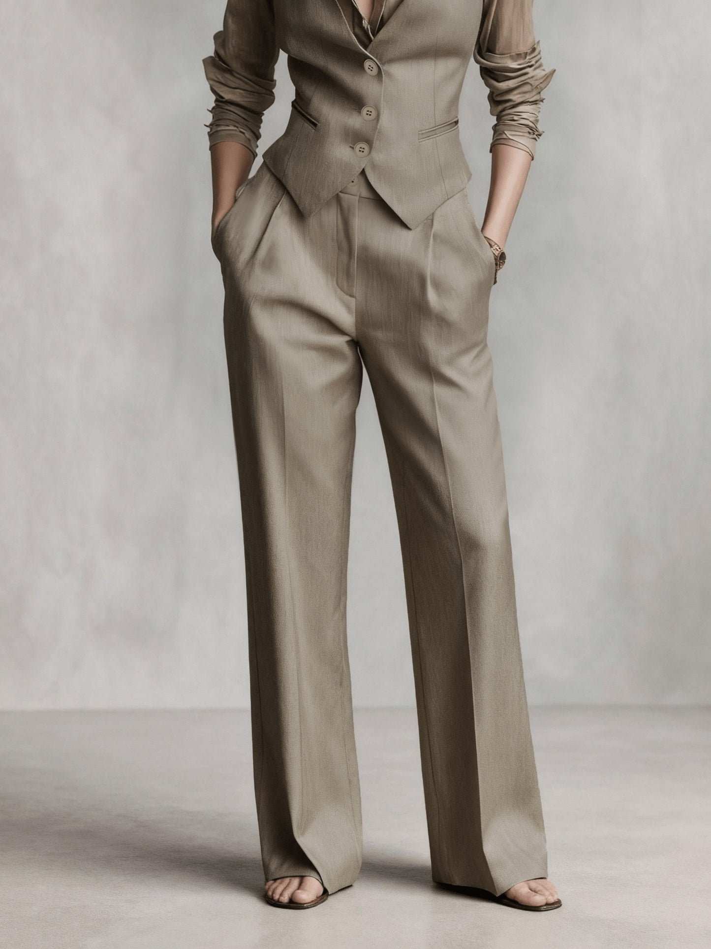 Elegant Coffee Brown Vest Two Piece Set for Women with Button Front Waistcoat Wide Leg Pant Formal Style
