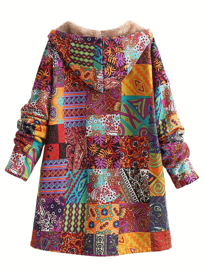 Effortless Patchwork Print Fleece Lined Coat for Women with Hooded Long Sleeve Button Front Oversized Bohemian Style