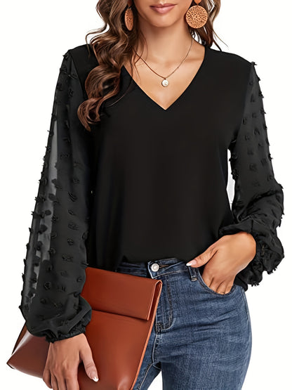 Effortless Swiss Dot Blouse for Women with V Neck Bishop Sleeve Textured Chiffon Casual Style