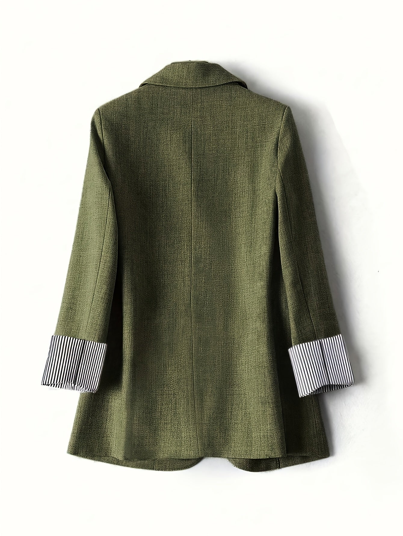 Elegant Fern Green Textured Blazer for Women with Notch Lapel Long Sleeve Striped Cuff Casual Style