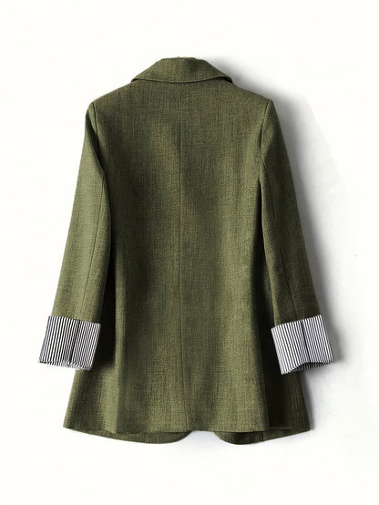 Elegant Fern Green Textured Blazer for Women with Notch Lapel Long Sleeve Striped Cuff Casual Style
