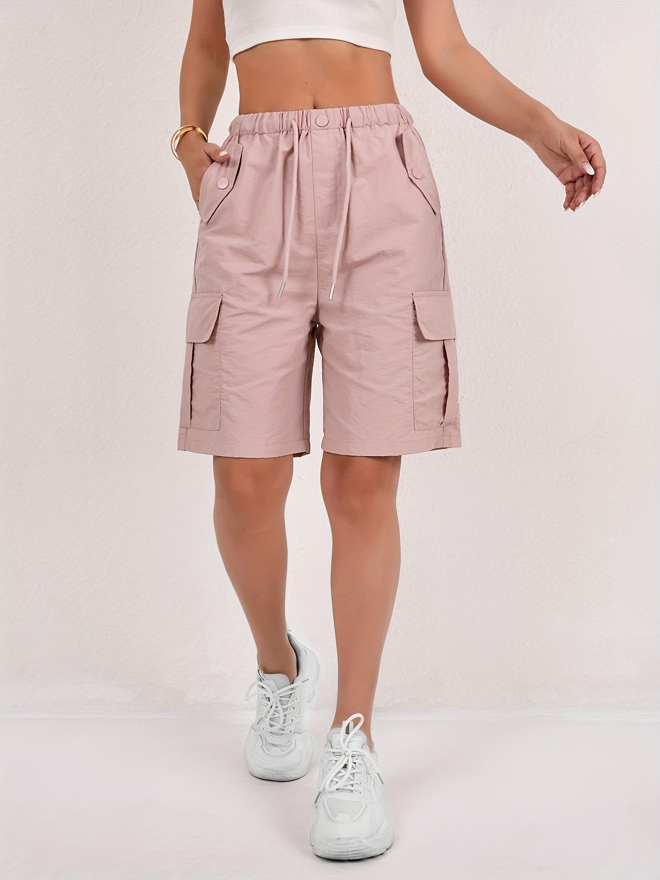 Effortless Pink Cargo Bermuda Shorts for Women with High Waist Drawstring Relaxed Casual Style