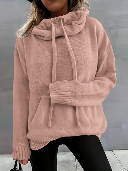 2025 New Autumn And Winter Women'S Casual Versatile Solid Color Drawstring Pocket Hooded Pullover