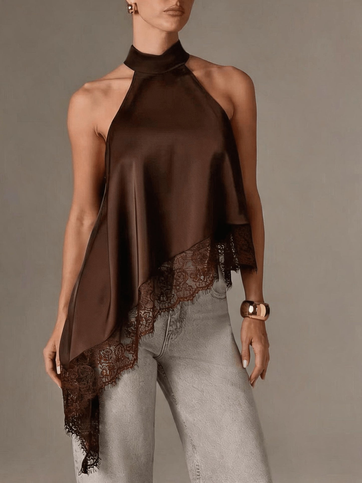 Elegant Satin Halter Top for Women with High Neck Sleeveless Lace Trim Asymmetric Flowing Style