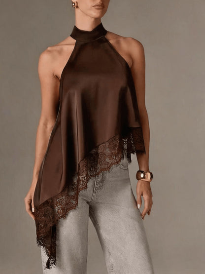Elegant Satin Halter Top for Women with High Neck Sleeveless Lace Trim Asymmetric Flowing Style