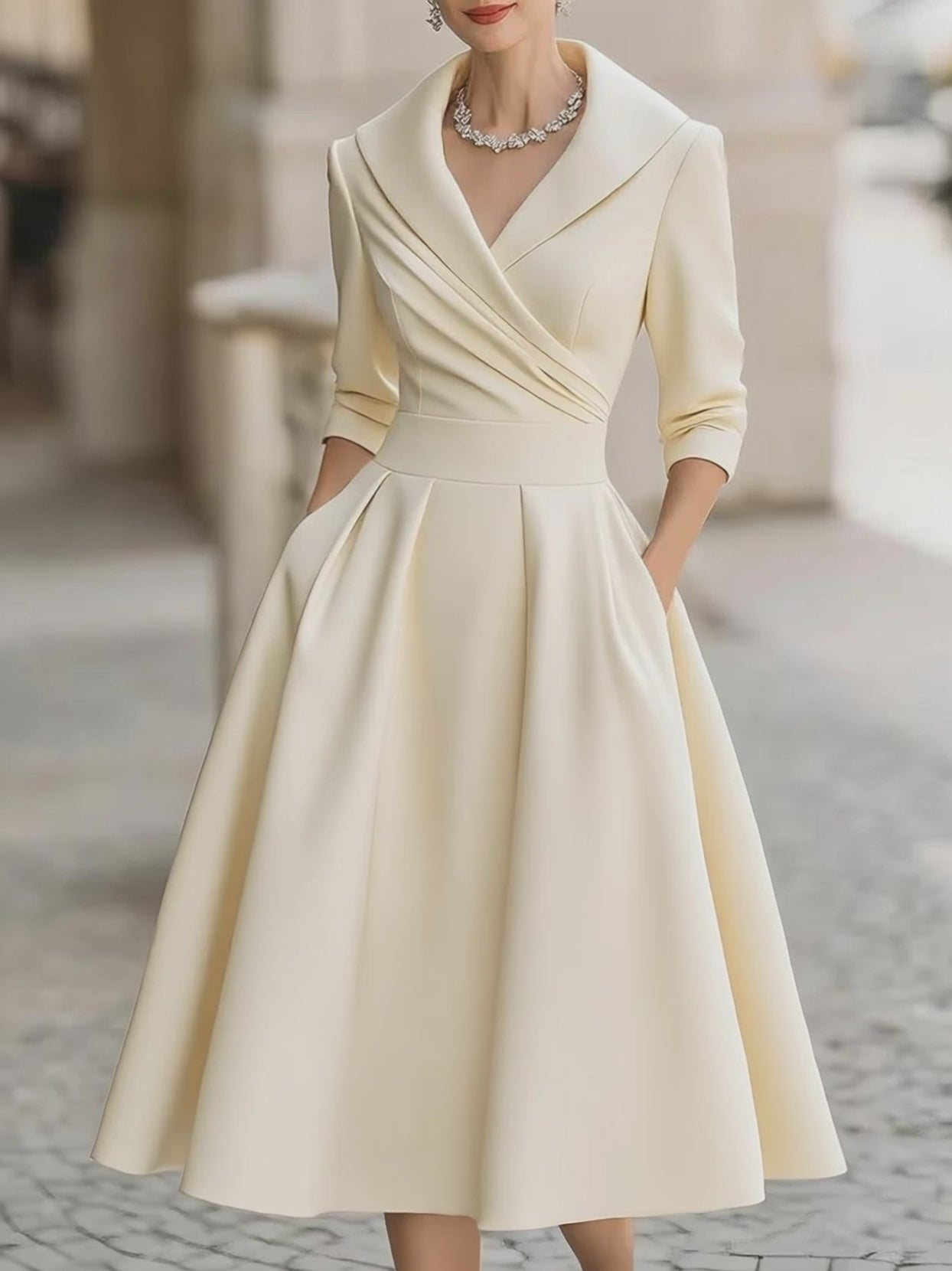 Elegant Satin Midi Dress for Women with Shawl Collar Elbow Sleeve Pleated A Line Cocktail Style