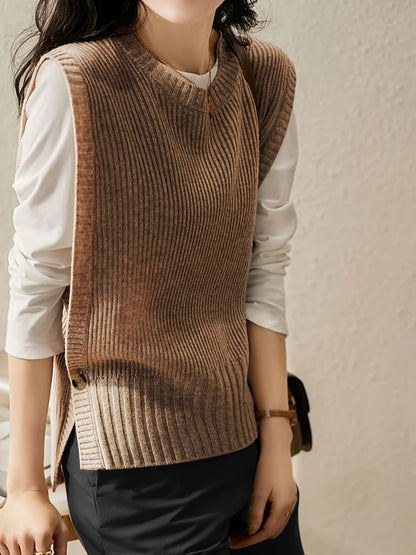 Comfortable Ribbed Sweater Vest for Women with Crew Neck Sleeveless Oversized Knit Style