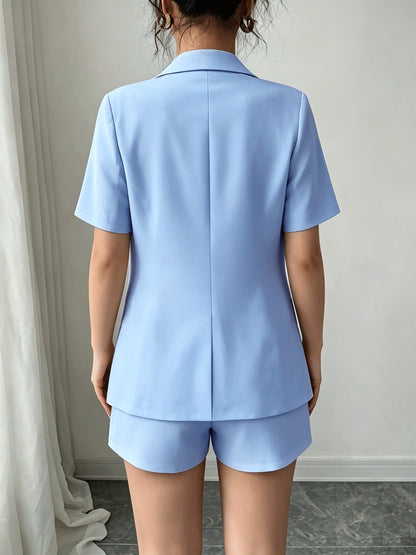 Effortless Blazer Shorts Set for Women with Lapel Collar Short Sleeve Button Front Two Piece Style