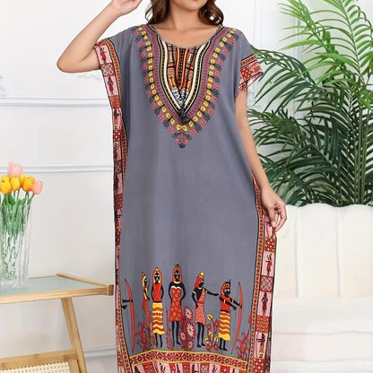 Effortless Tribal Print Kaftan Dress for Women with V Neck Short Sleeve Flowing Bohemian Style