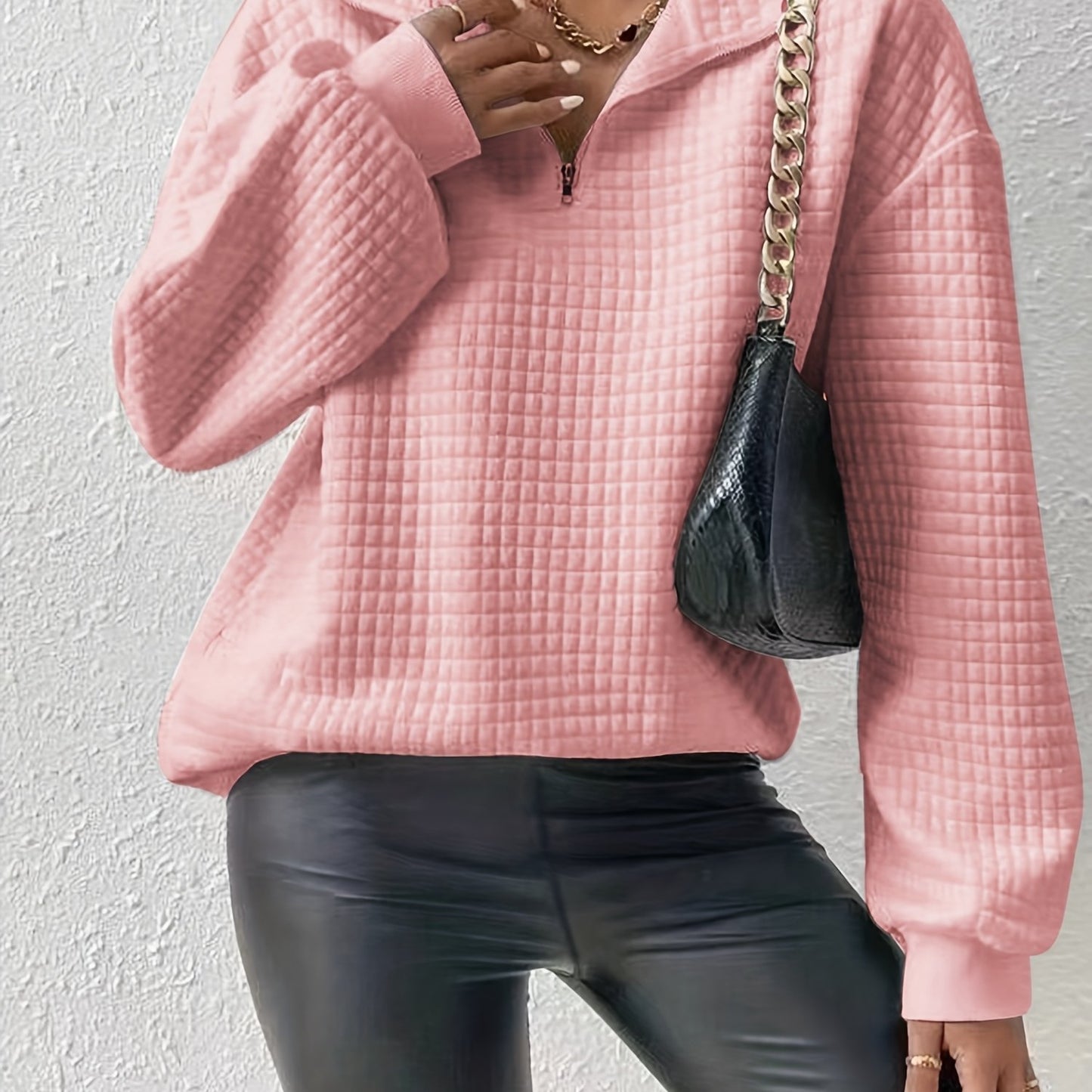 Comfortable and Loose Waffle Solid Standing Neck Zipper Long Sleeve Panel Women's Sweater