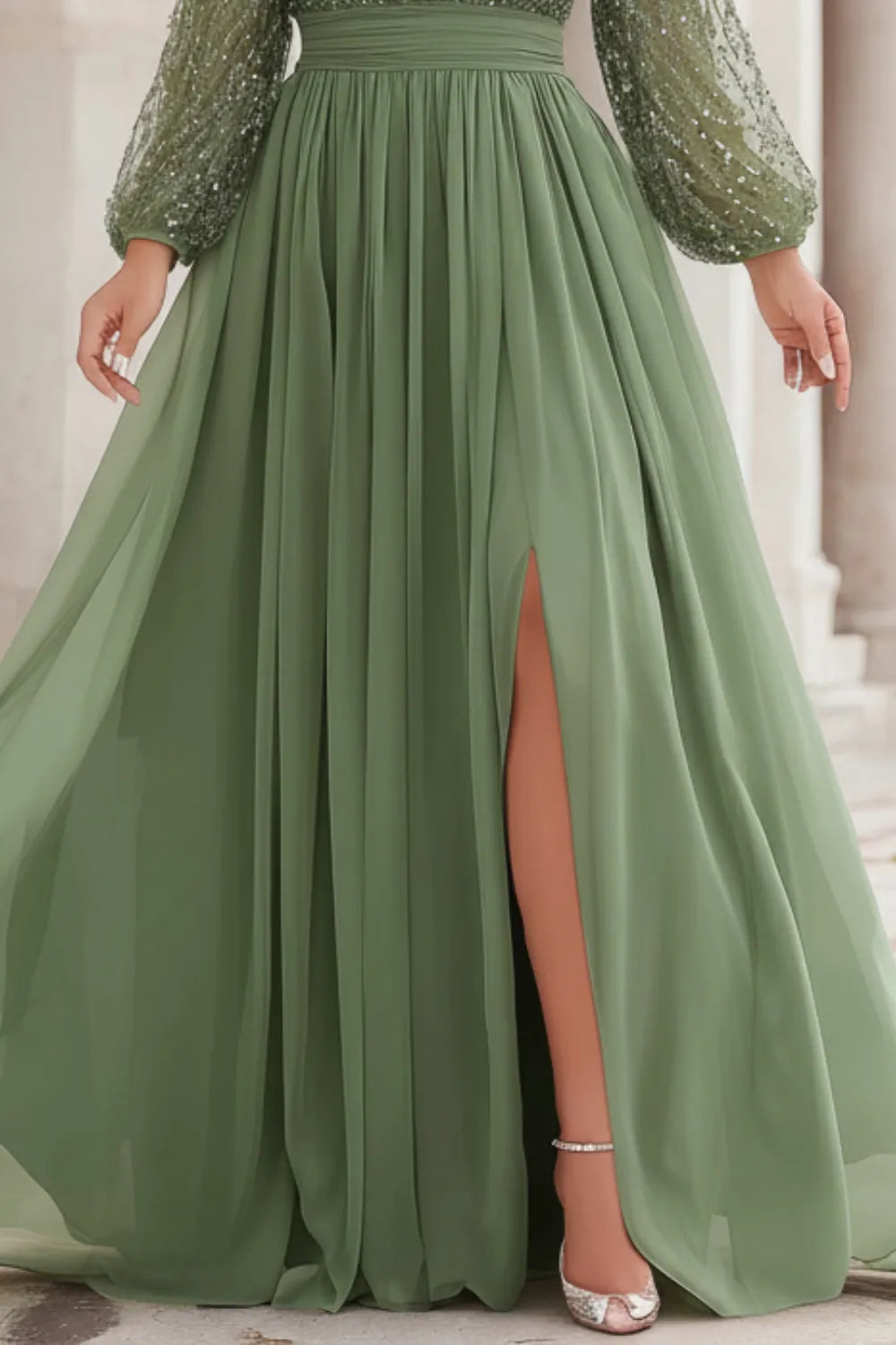 Elegant Sage Green Sequin Maxi Dress for Women with V Neck Long Sleeve High Slit Formal Wedding Guest Style