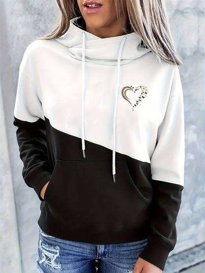 Comfortable Colorblock Graphic Hoodie for Women with Cowl Neck Long Sleeve Kangaroo Pocket Relaxed Style