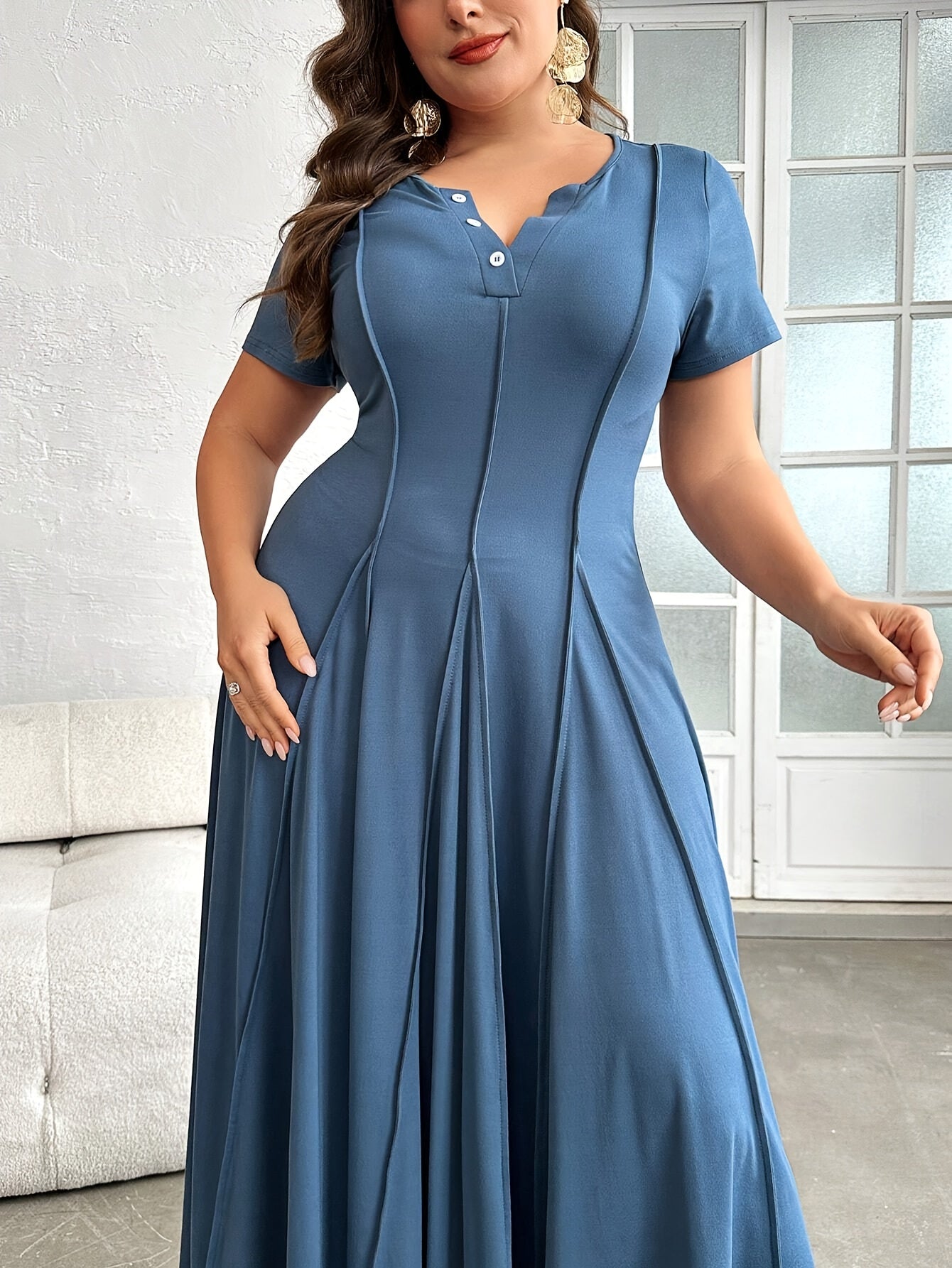 Plus Size, Button- Collar with Pleated Detail Short Sleeve Dress, Suitable for Beach, Party, Summer, Casual, Vacation, and Date