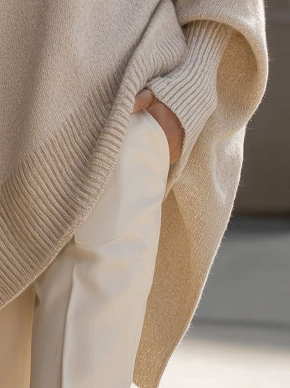 Comfortable Knit Poncho Sweater for Women with Crew Neck Batwing Sleeve Oversized Asymmetric Style